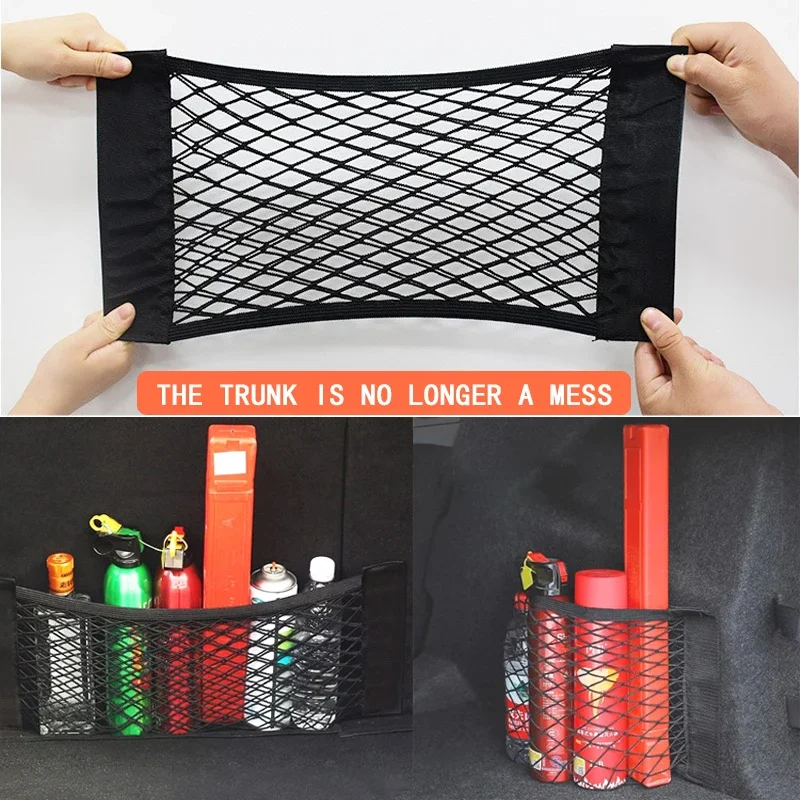 Double layered mesh storage bag compartment breathable mesh structure fixed by magic tap for car trunk back seat organization
