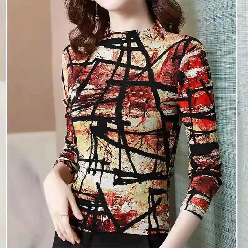 Autumn and Winter Women\'s Pullover Round Neck Patchwork Printing Slim Underlay Fashion Casual Elegant Commuter Long Sleeve Tops