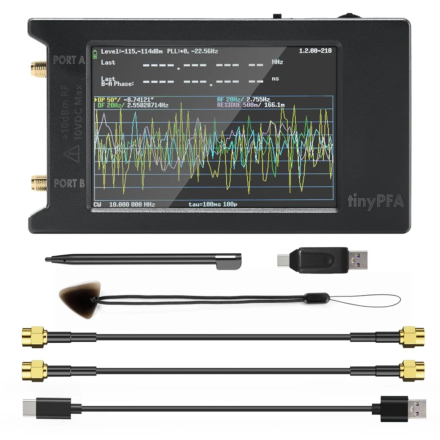 The tinyPFA numerically display the phase and frequency difference, show the measurement in a graph versus time