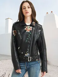 Giolshon Autumn Flowers Embroidery PU Leather Jacket Women Slim Turn-Down Collar Outerwear Zipper Moto Biker Coats Tops Clothes