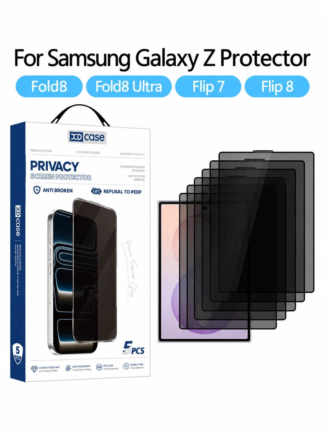 XDcase 5 PCS/Pack Anti-Peep Tempered Glass Film For Samsung Galaxy Z Fold8/Fold8 Ultra/Flip 7/Flip 8 5G Outer Screen
