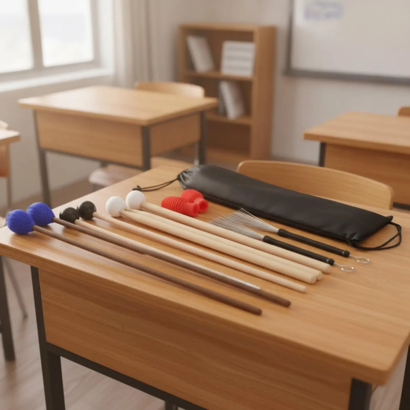 Percussion Drumstick Bundle 5A Maple Wood Sticks with Yarn Mallets Wire Brushes and Carry Bag for Drums