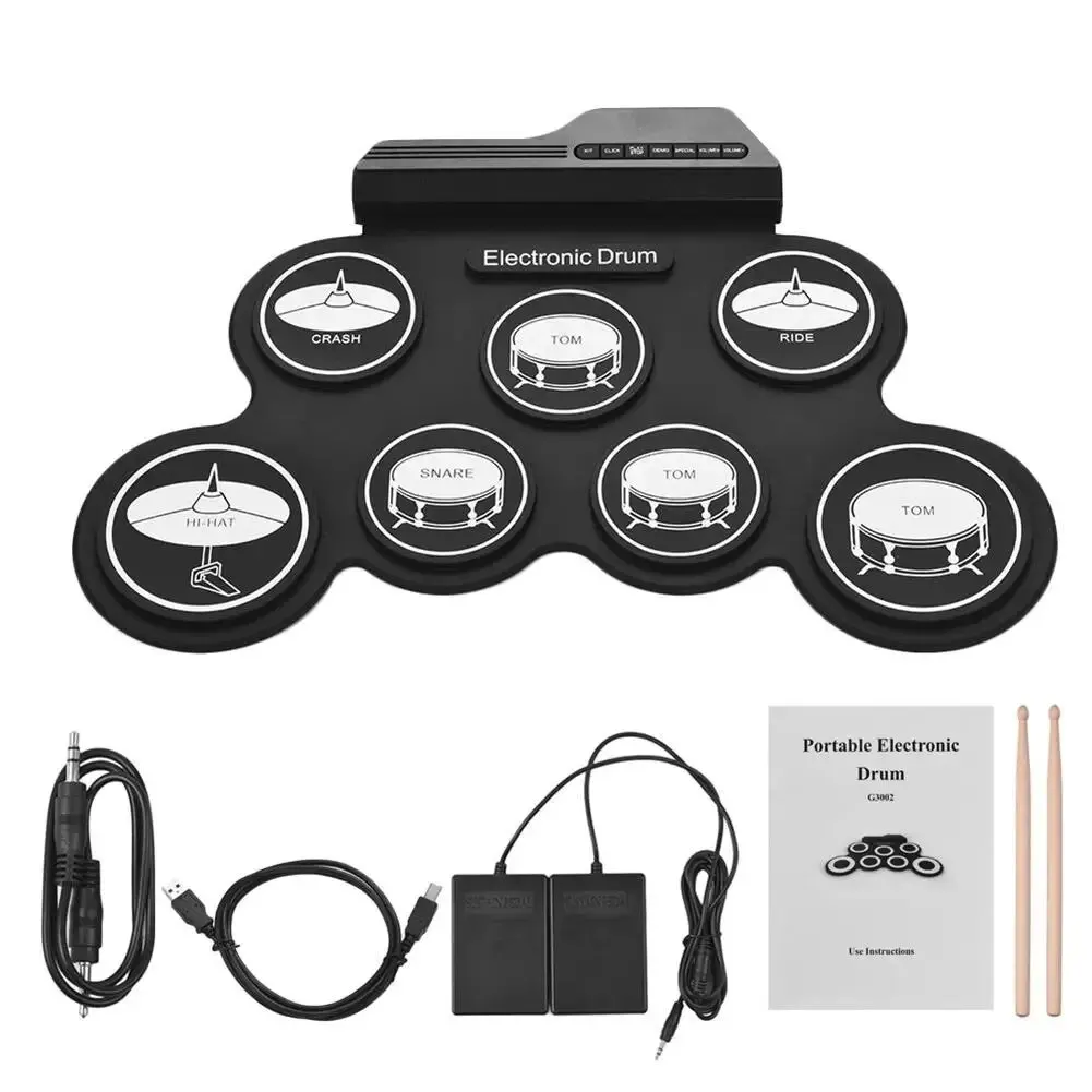 2026 New Folding Silicone Hand Roll USB Electronic Drum Portable Practice Drums Pad Kit with Drumsticks Sustain Pedal
