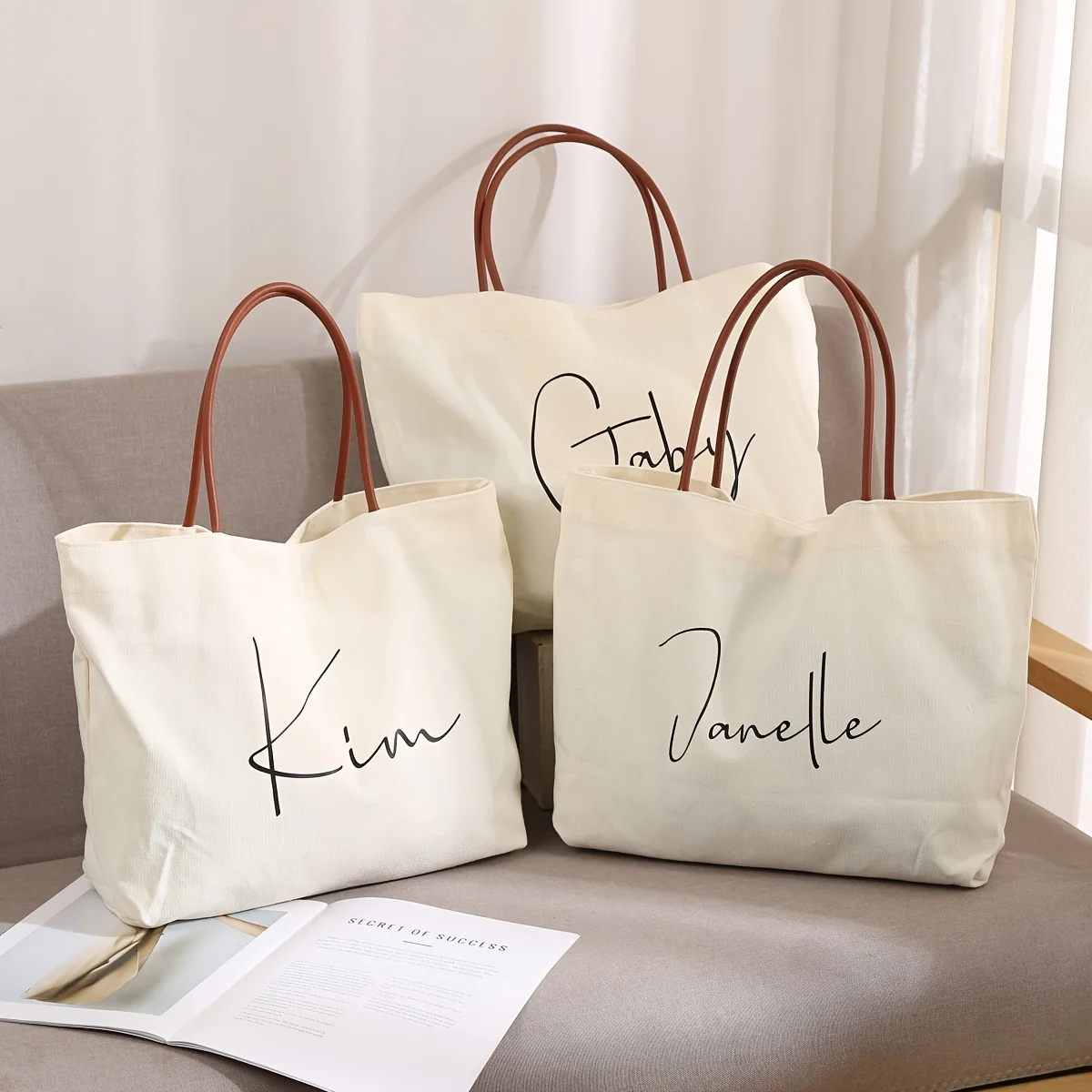Personalized Custom Name Text Logo Canvas Tote Bag Heat Transfer Print Elegant Beach Wedding Shoulder Handbag Snap Closure Gift
