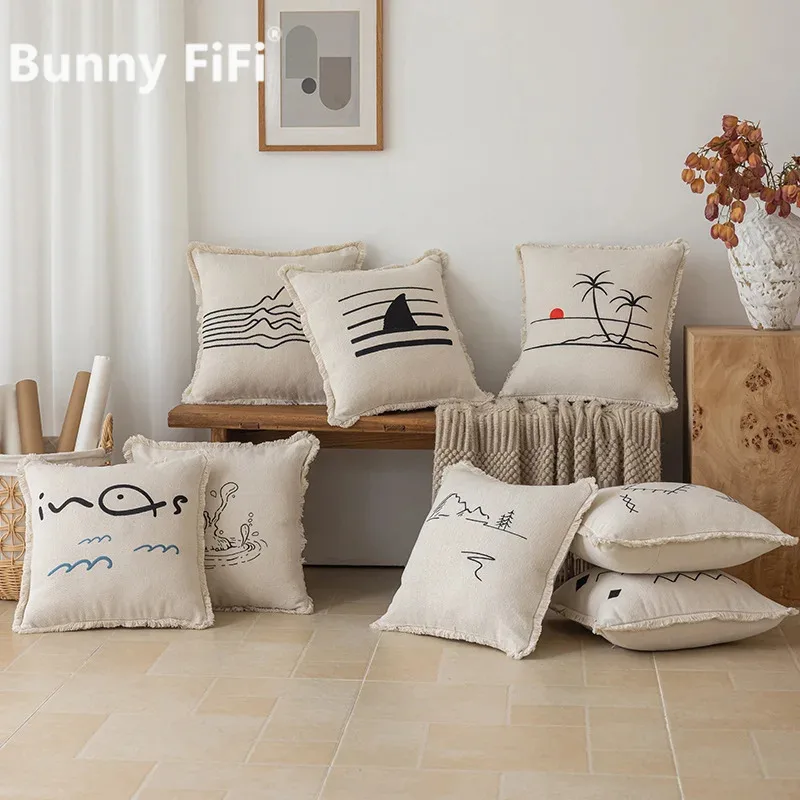 Moderne minimalistische bestickte Kissenbezüge, nordische Leinen-Kissenhüllen mit Quasten, dekorative Kissenbezüge für Sofa, Bett, Wohnzimmerdekoration