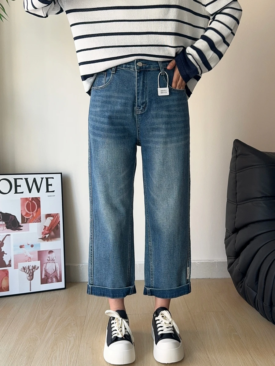 

High Waist Slim Fit Straight Leg Blue Jeans Women's Spring Fashion Trousers Elastic Waist Cotton Stretch Denim Shorts