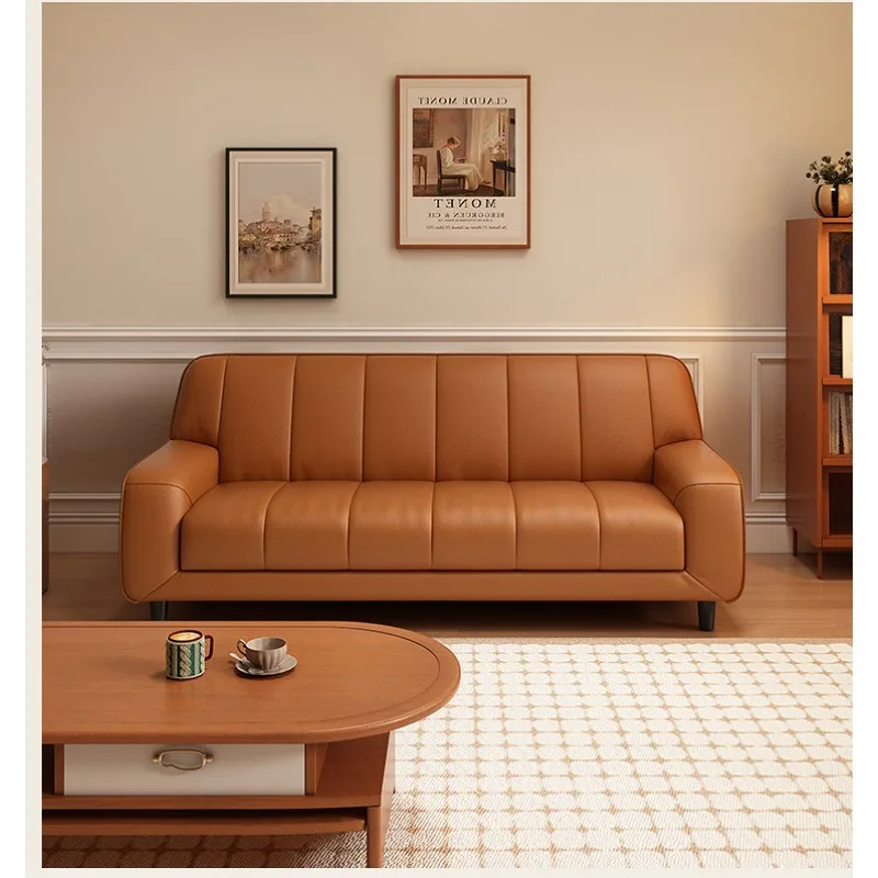 Home Double small apartment leather sofa living room retro style three-person first-layer cowhide sofa straight row