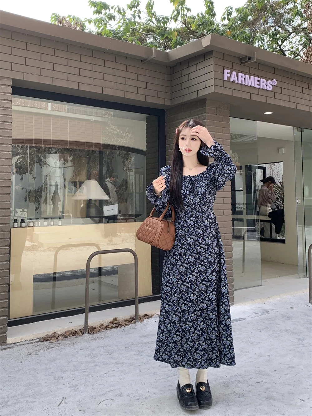 

Женское винтажное платье больших размеров с цветочным принтом, круглым вырезом, длинными рукавами, А-силуэта, с завышенной талией, осеннее, новое, для повседневной носки, в корейском стиле