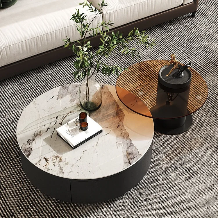Rock slab coffee table round size combination with drawers creative designer living room household simple small apartment