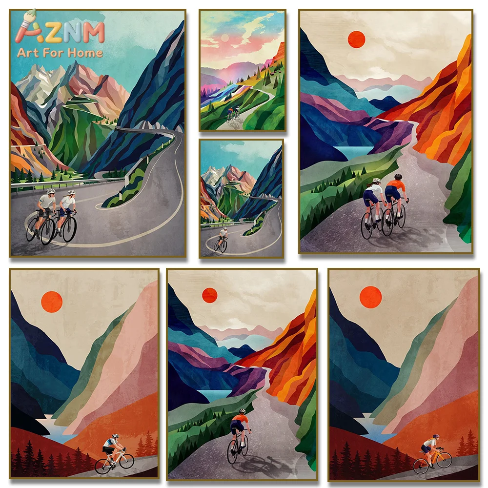 AZNM Colorful Mountain Cycling Canvas Wall Art Print, Abstract Geometric Mountain Road Cyclist Sunset Sport Scenery Home Gym Liv