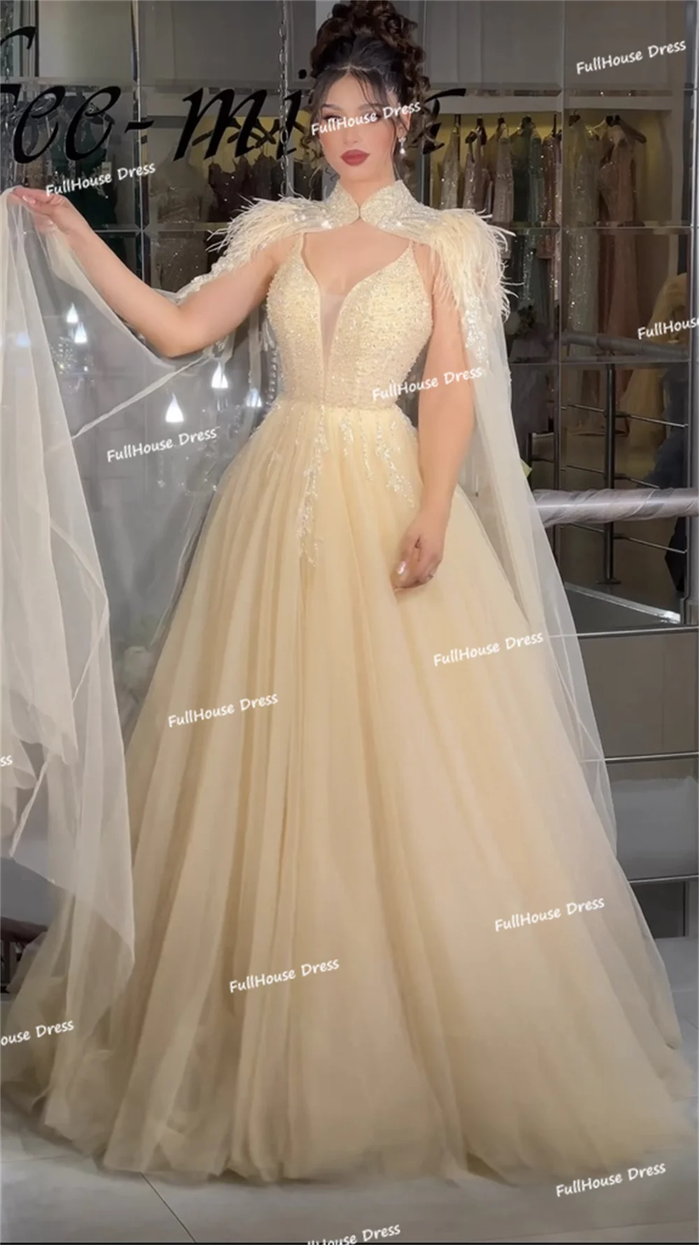 Custom Made Fantastic V-neck Tulle A-line Beading Shiny Evening Dress Floor Length Backless Feathers Party Dress with Train