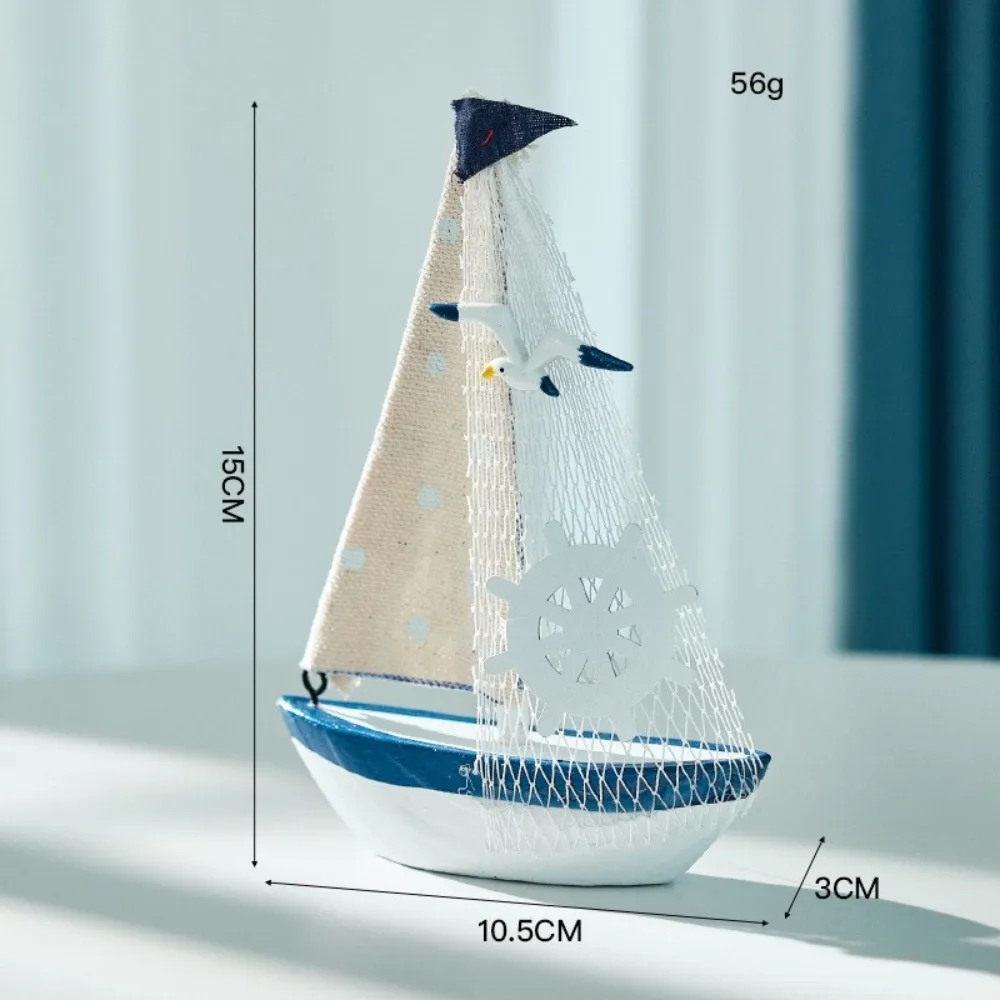 Mediterranean Style Sailing Boat Model Wooden Fishing Net Accent Wooden Sailing Boat Shells Accent Miniature Size