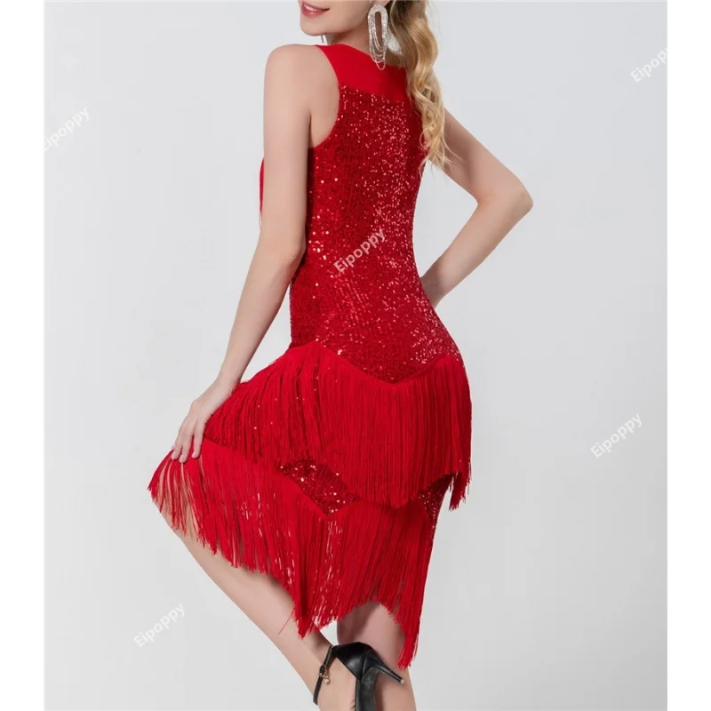 Women Sequined Encrypted Tassels Latin Dance Dress Charming Sparkly Rumba Cha cha Tango Samba Practice Dancewear Stage Costume