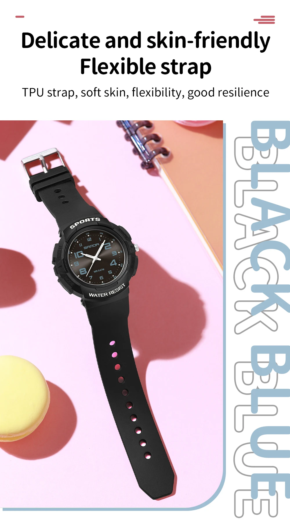Sanda 9074 Trendy Design Soft Student Watch TPU Strap 50M Depth Waterproof Quartz Movement Children Fashion Sports Wrist Watch