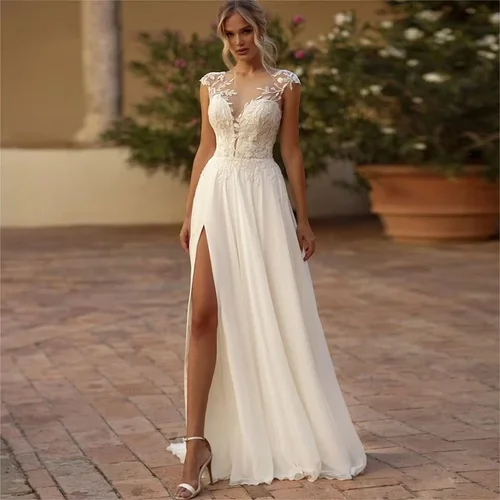 Vestidos de novia de gasa con cuentas, apliques de encaje, manga casquillo, cuello transparente, botones de ilusión, vestido de novia con hendidura, bohemio Simple