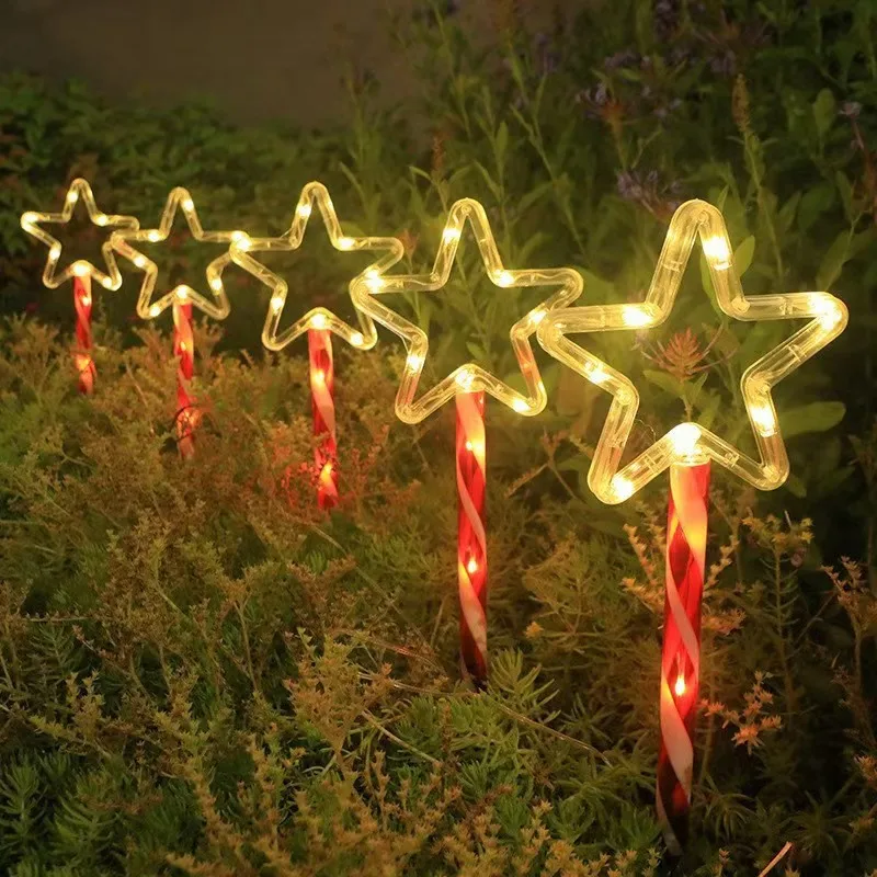 Solar Powered Star LED Ground Stake Lamps, Candy Cane Pattern Poles,  Xmas Garden, Walkway, Backyard Decoration Lights