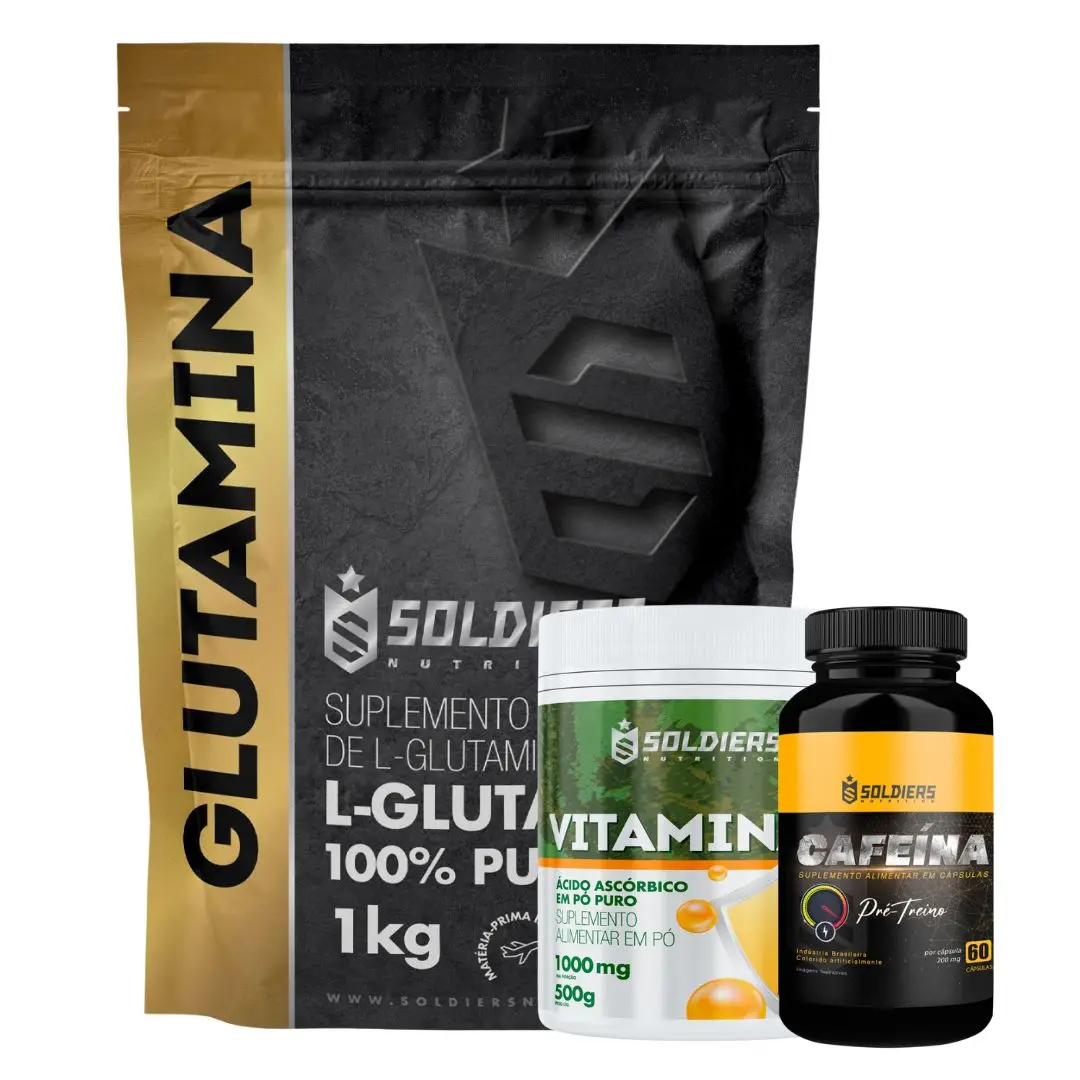 Kit: Caffeine 60 Caps 200mg + Vitamin C Powder 500g + Glutamine 500g-Imported Pure 100%-Soldiers Nutrition