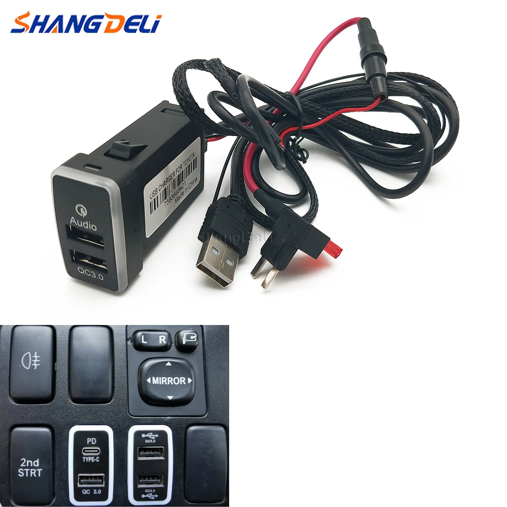 

Car Dual Socket Adapter Port USB QC3.0 Audio Adapter Audio Data Adapter Socket Suitable For Toyota Corolla FJ Cruiser