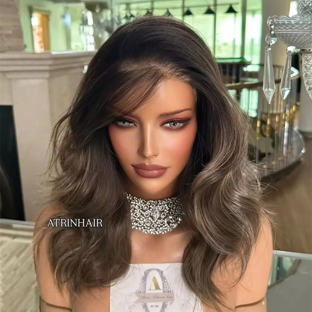 13x4 Free Part  Ombre Brown Synthetic HD Lace Front Wig Mixed Human Hair Glueless Preplucked Hairline Short Wave Bob Party Wigs