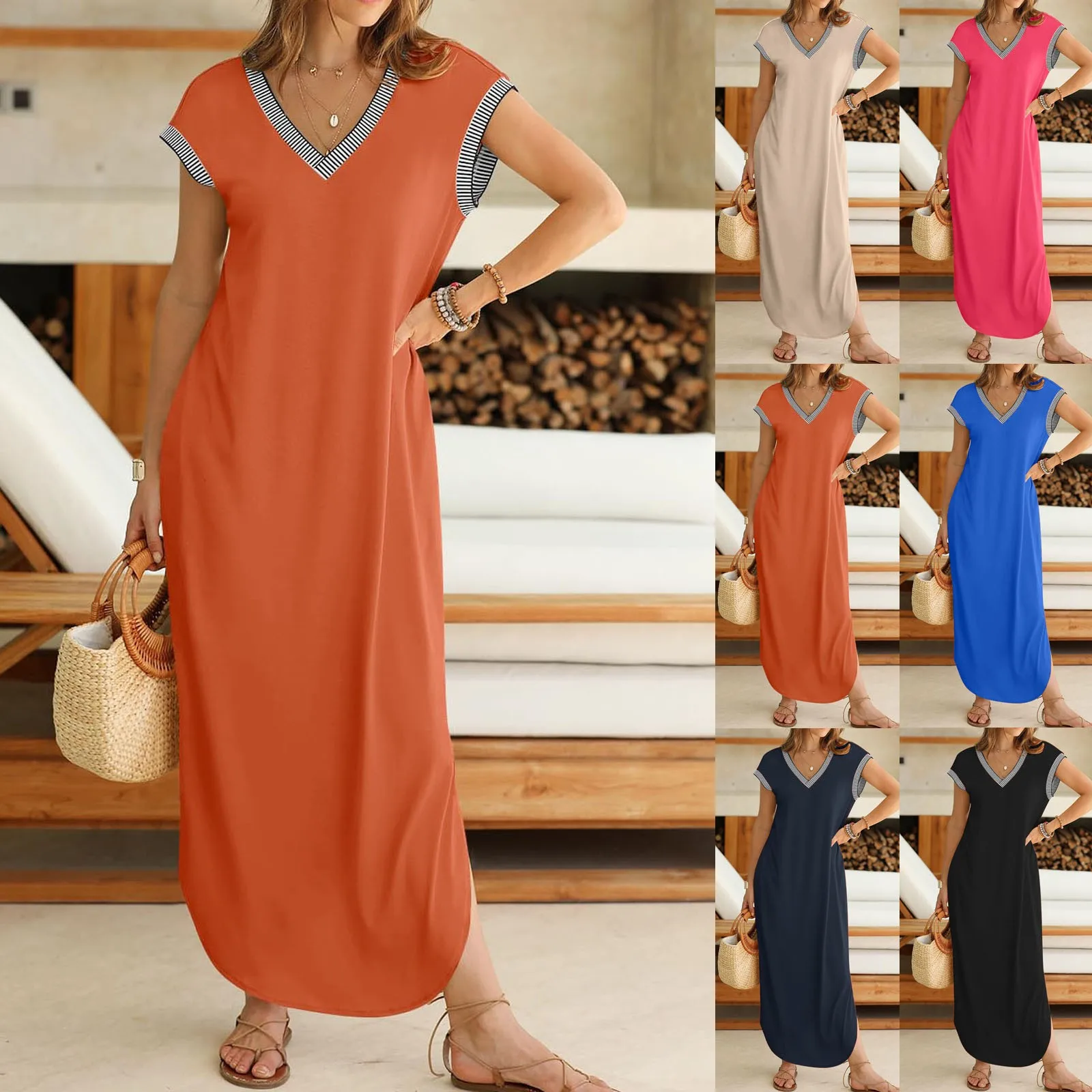 

Women's 2024 Summer Short Sleeve Maxi Dress V Neck Split Loose Casual Beach Long Dresses Casual Shirt Dress for Women