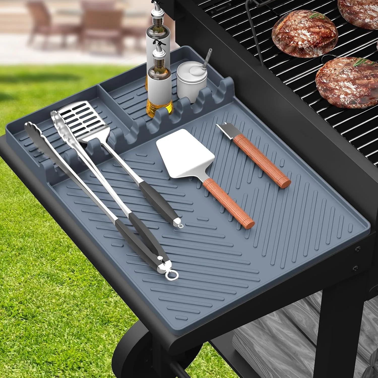 

Silicone Griddle Tools Mat for Blackstone Weber Traeger Pit Boss - Side Shelf Spatula Mat with Drip Pad - Flat Top Grill Smoker