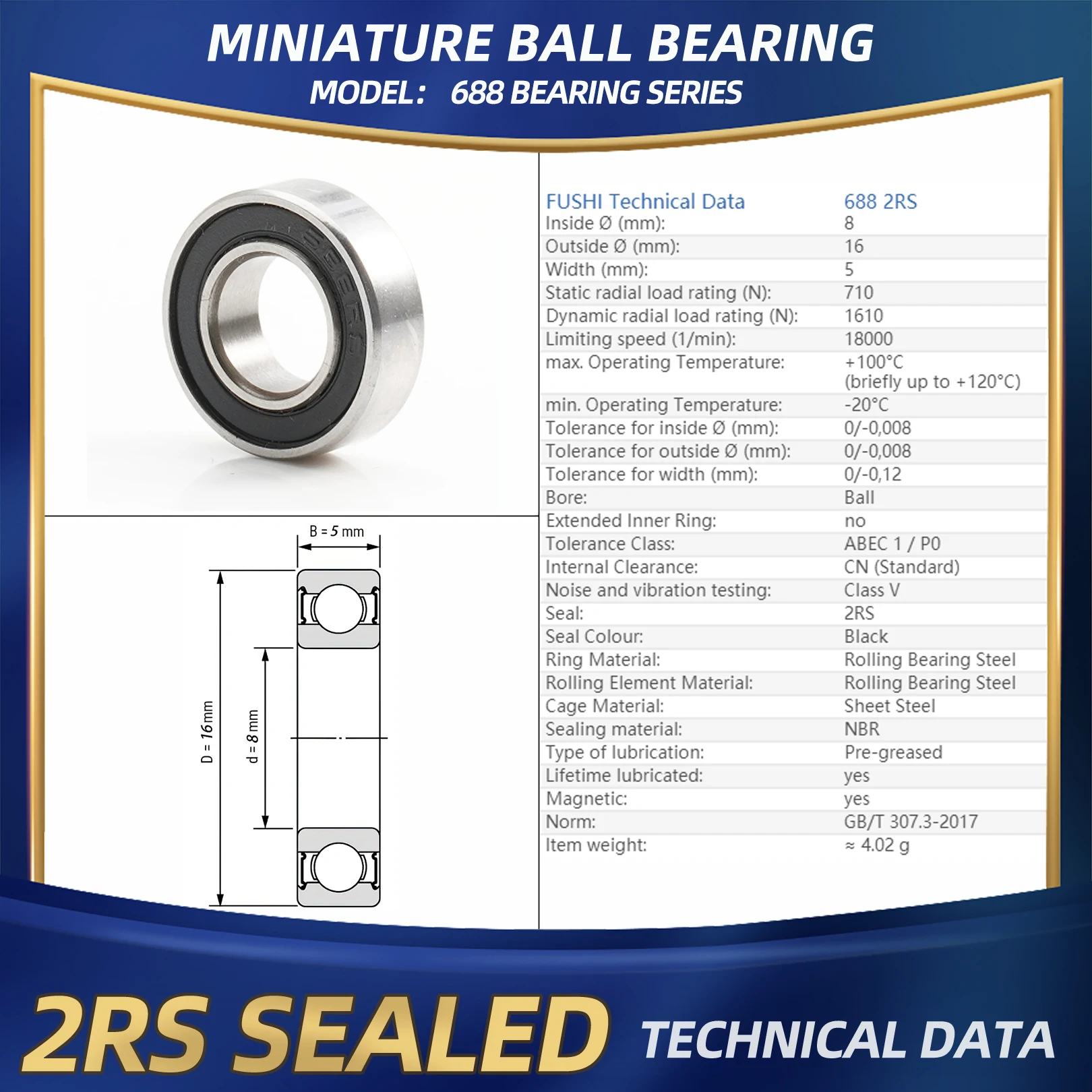 FUSHI 688 2RS Bearing 8x16x5 mm 10Pcs 688RS 688ZZ 688Open