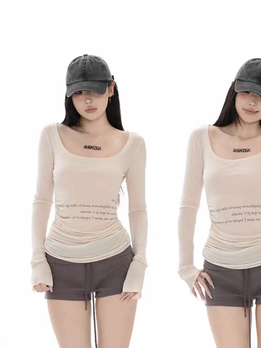 تي شيرت نسائي بأكمام طويلة Y2K تي شيرت نسائي صيفي مناسب تمامًا يسمح بالتهوية وأكمام مضيئة للإجازات على الشاطئ من القطن مزين برسن تي شيرت