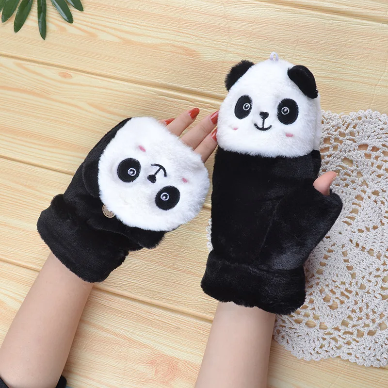 Women Cartoon Panda Cute Lovely Soft Plus Velvet Thicken Half Finger Clamshell Gloves Keyboard Work Convenient Keep Warm Mittens