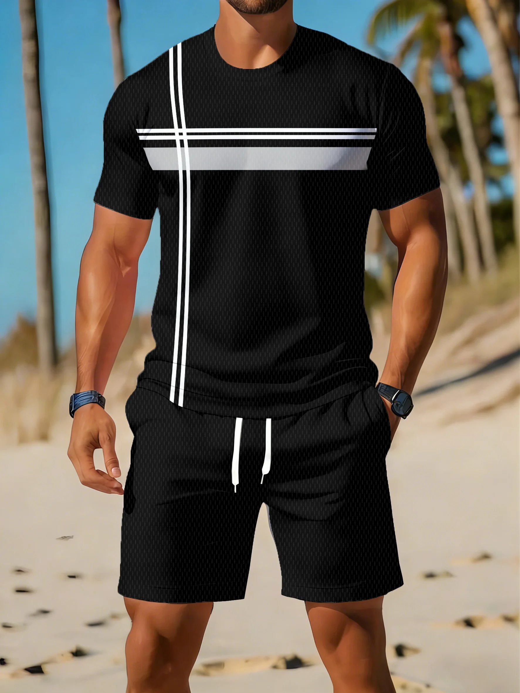 Summer Minimalist Casual Fashion Round-Neck Short-Sleeve Set Hawaiian-Style Breathable Men's Set Perfect for Sports and Travel
