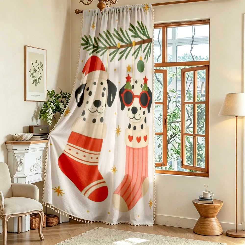 1PC Christmas Tassel Sheer Curtains, Dalmatian Dog Stocking Hat, Digital Print, Polyester, Bedroom Living Room Home Decor