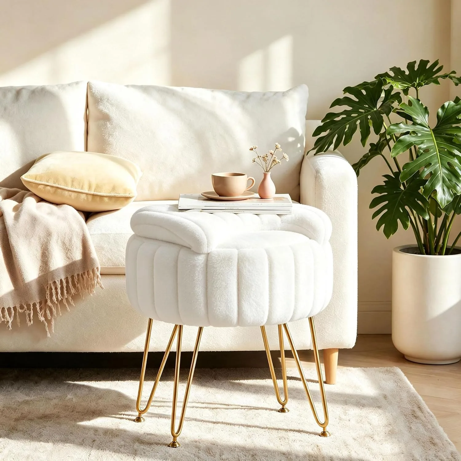 White Faux Fur Vanity Stool Chair with 7.9 Liter Hidden Storage Folding Backrest Thick Padded Seat Gold Metal Legs Adjustable Feet 284 LB Capacity Compact Makeup Ottoman Bench for Bedroom Living Room  image 8
