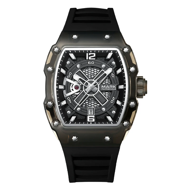 Tonneau Luxury Top Wrist Mechanical Watches Transparent Black Silicone Strap Fashion Clock