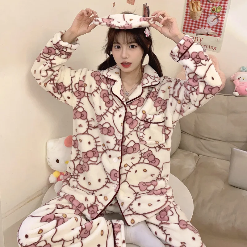 Sanrio Female Coral Fleece Go Out Thickening Long Sleeves Leisure Wear Kawaii Hello Kitty Comic Student Keep Warm Pajamas Kit