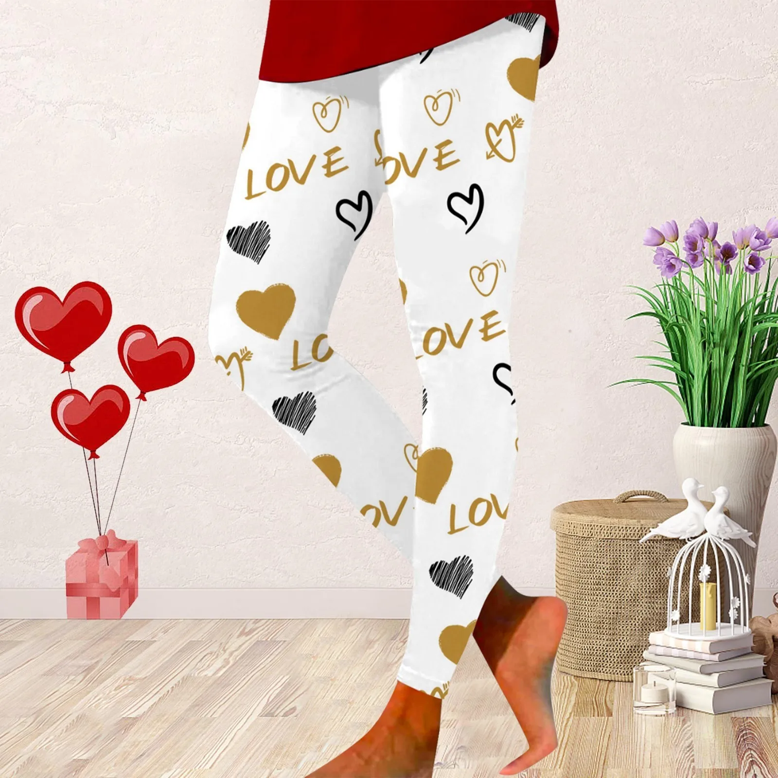 Womens Valentine's Day Leggings Sweet Heart Print High Waist Elastic Fit Slim Pant Spring Autumn Hip Lift Soft Outwork Tights