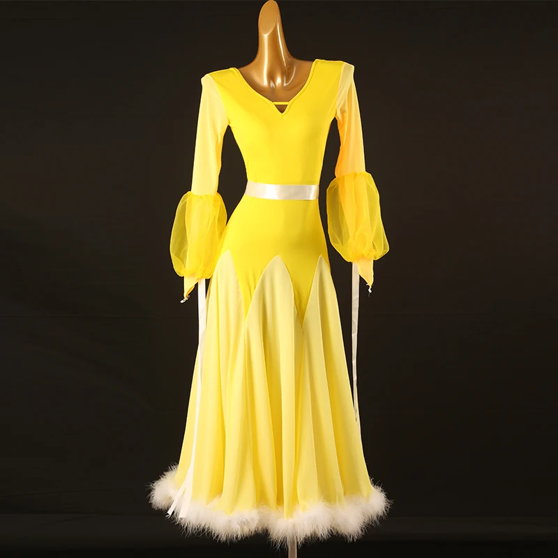 

Ballroom Dance Dress For Women Yellow Lantern Sleeve Large Swing Skirt Female Adult Waltz Modern Dance Performance Dress DQL8719