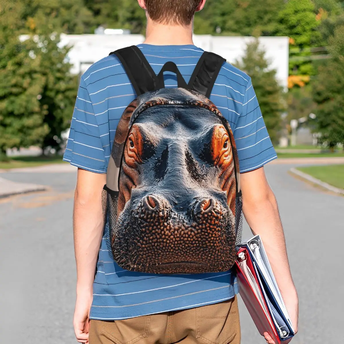Heavy Hippo Face Realistic Backpack Student BookBag Children School Bag Computer Shoulder Bags for Men Women