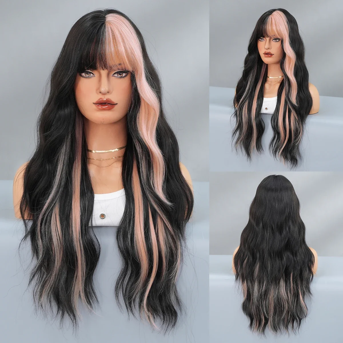 PARK YUN Long Wavy Black Wigs for Women Daily Party High Density Synthetic Wavy Highlight Pink Hair Wigs with Bangs