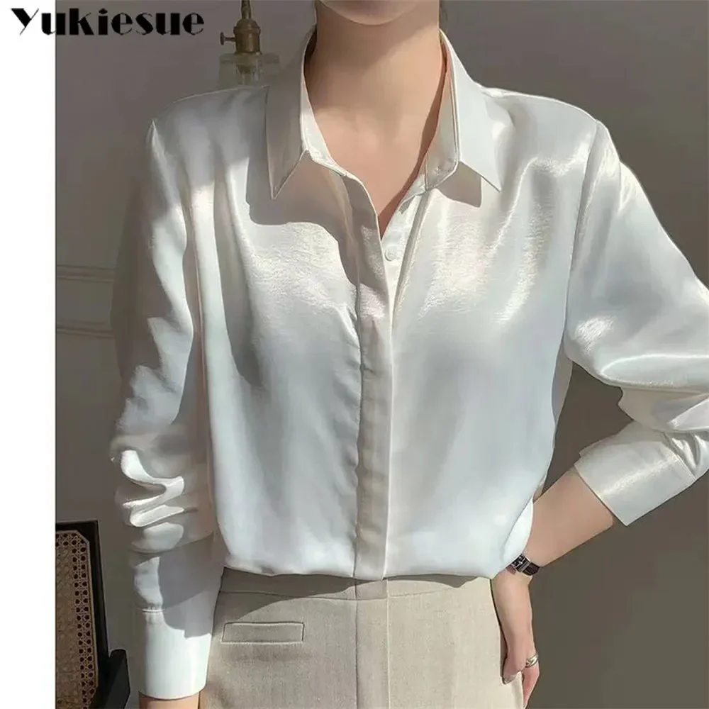 

Spring Summer Women's Single Button Shirts Satin Blouse Soft Natural Luxury Silk Long Sleeve Ladies Solid Blouses Advanced Sense