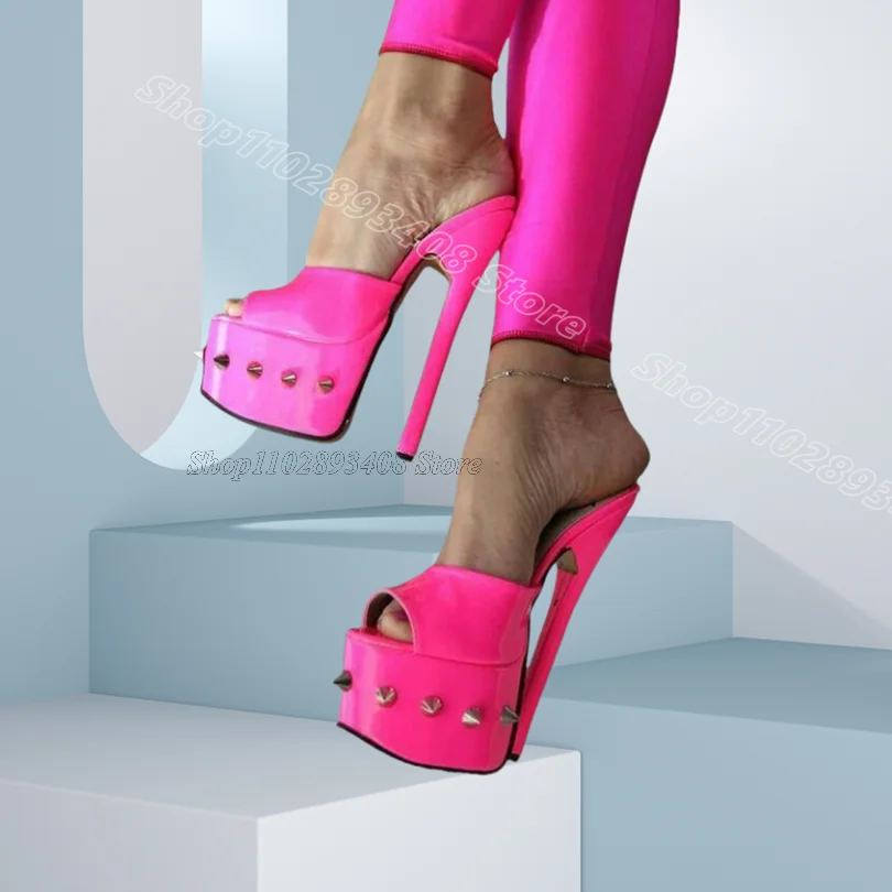Rose Red Rivet Decor Slippers Slip on Peep Toe Solid Platform British Style Fashion Women Party Casual Shoes Zapatos Para Mujere