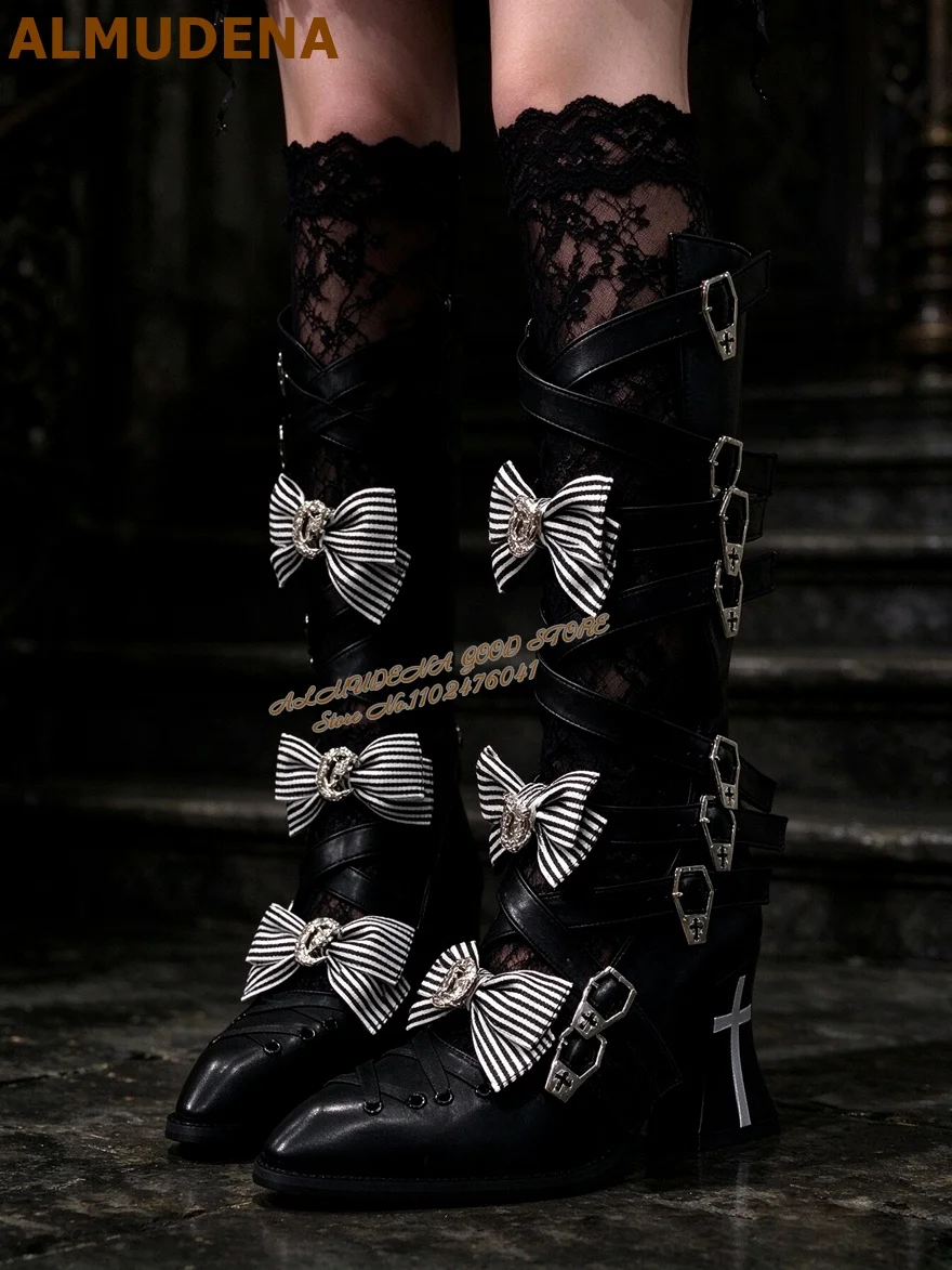 Lolita Knee High Summer Cool Boots Black White Striped Bowknot Cross Strap Buckle Chunky Heel Gothic Cosplay Party Long Boots