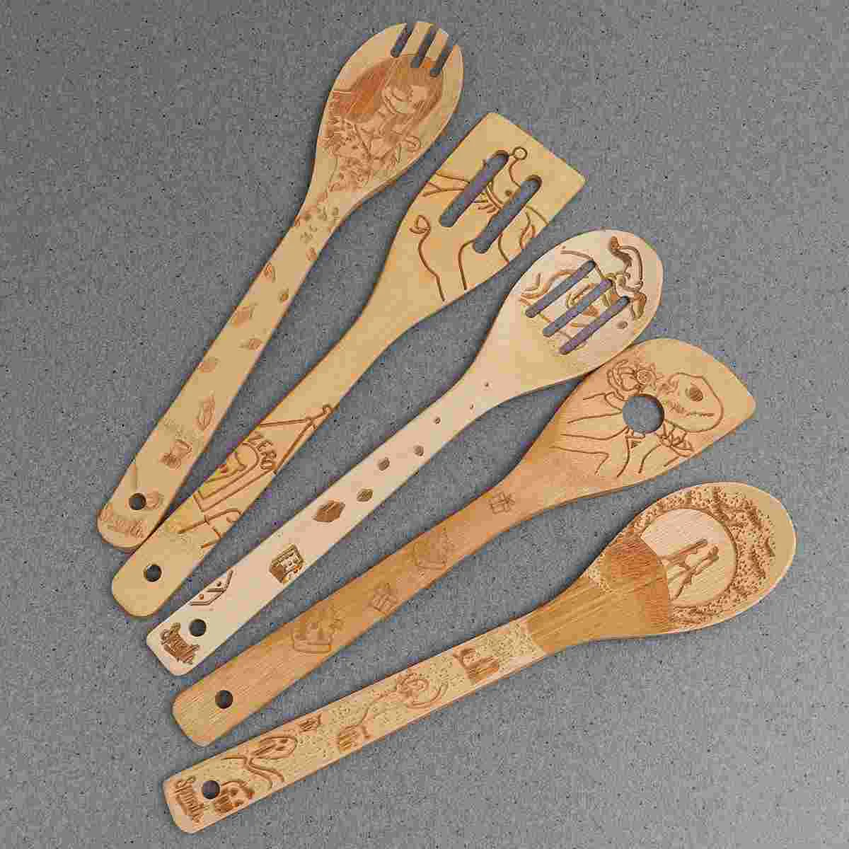 

5 PCs Long Handle Carving Bamboo Spoon Kits Cooking Utensil Kitchen Utensils Wooden