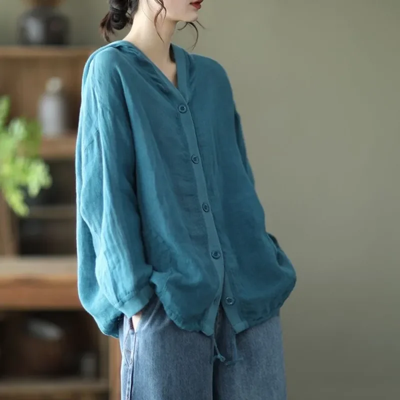 

Simple Style Solid Color Loose Comfortable Female Hooded Sunscreen Coats B282 Women Summer Cotton Linen Casual Jackets New 2025