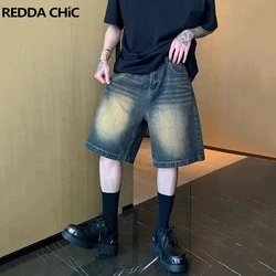 REDDACHIC Vintage Wash Whiskers Denim Shorts Men Straight Wide Leg Casual Baggy Jeans Jorts Male Trousers Harajuku Y2k Clothes