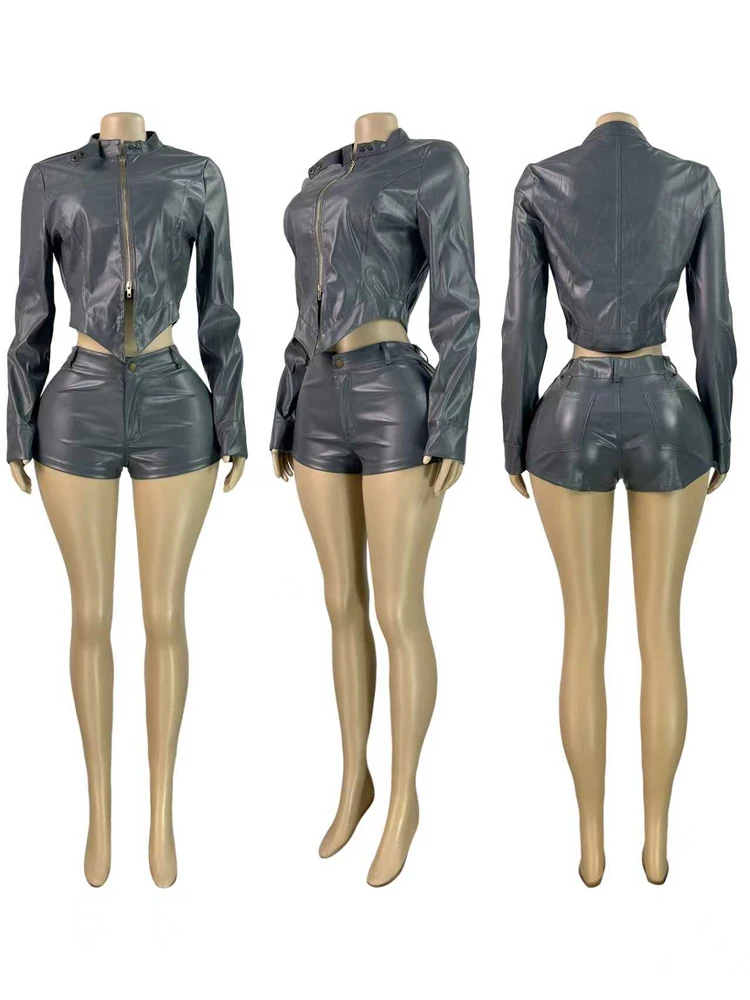 Y2k Punk PU Leather Sexy Women 2 Piece Sets Black Long Sleeve Zip Jacket and Shorts Suit Fall 2025 Night Out Club Outfits