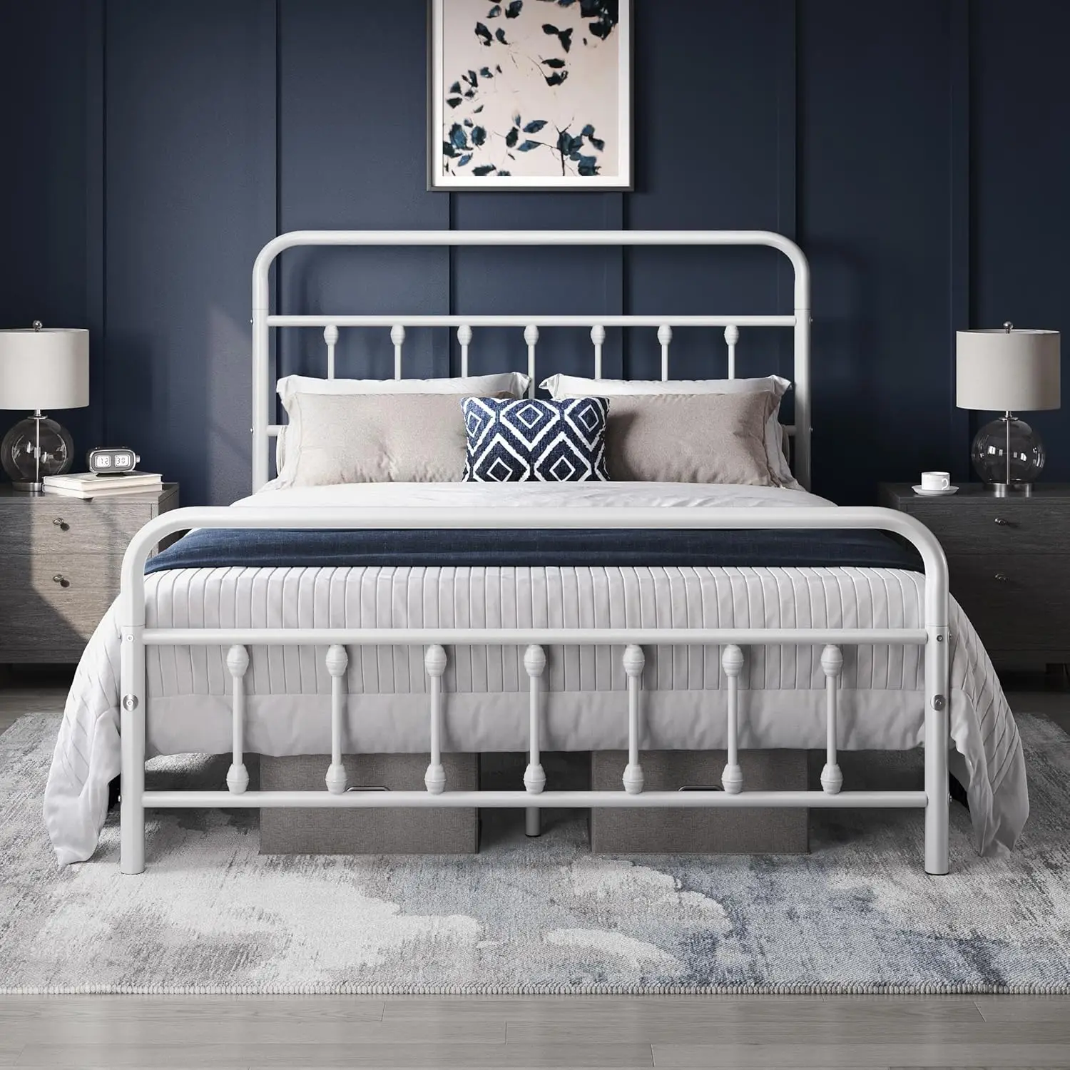 Classic Metal Platform Bed Frame Mattress Foundation with Victorian Style Iron-Art Headboard/Footboard/Under Bed