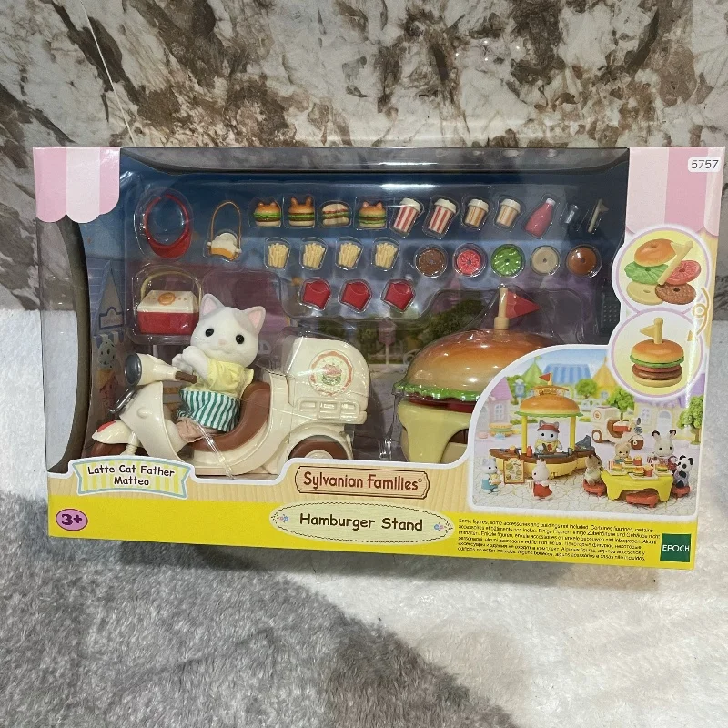 Sylvanian Families Anime Figure Hamburger Shop Ice Cream Cart Set Cute Families Doll Decoration Model Kids Toys Birthday Gifts