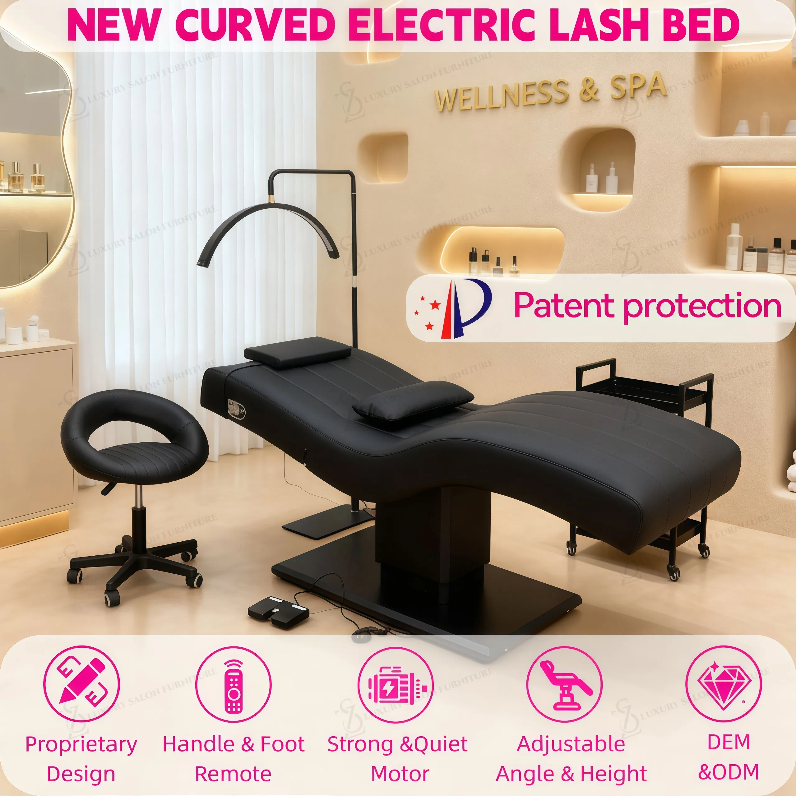 New Curved Electric Lash Bed Black Leather Base Massage Table & Bed 3 Motors Facial Eyelash Beauty Bed Set With Lights