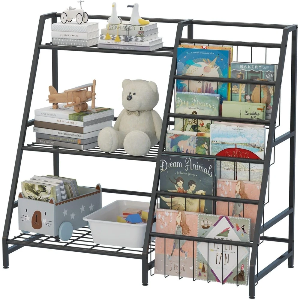 

5-Tier Kids Bookshelf & Toy Storage Organizer with Sling Pockets & 4 Toy Bins for Playroom Nursery Kids Room, White