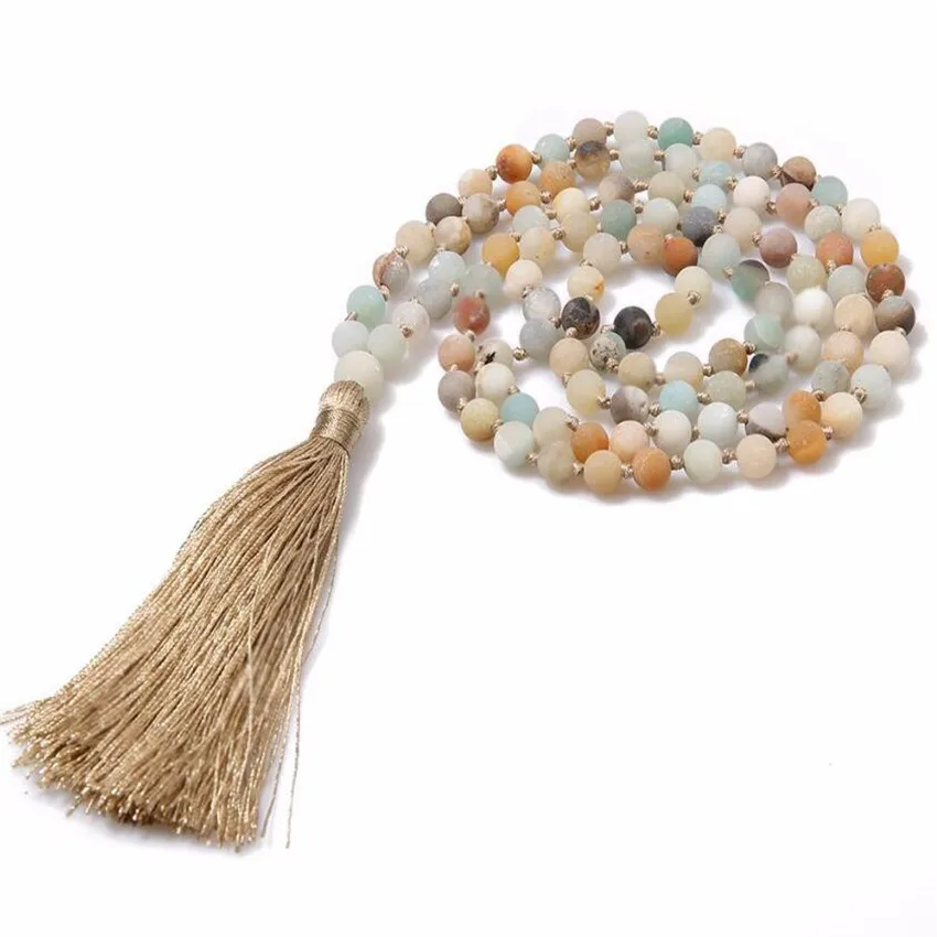 

6mm Frosted Amazonium Gemstone 108 Beads Tassels Mala Necklace Tranquility Meditation Yoga Meditation Men