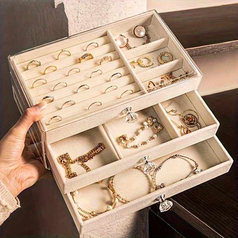 1pc can stack 3 layers of beige/pink drawer style jewelry box earrings rings necklaces bracelets organizing box